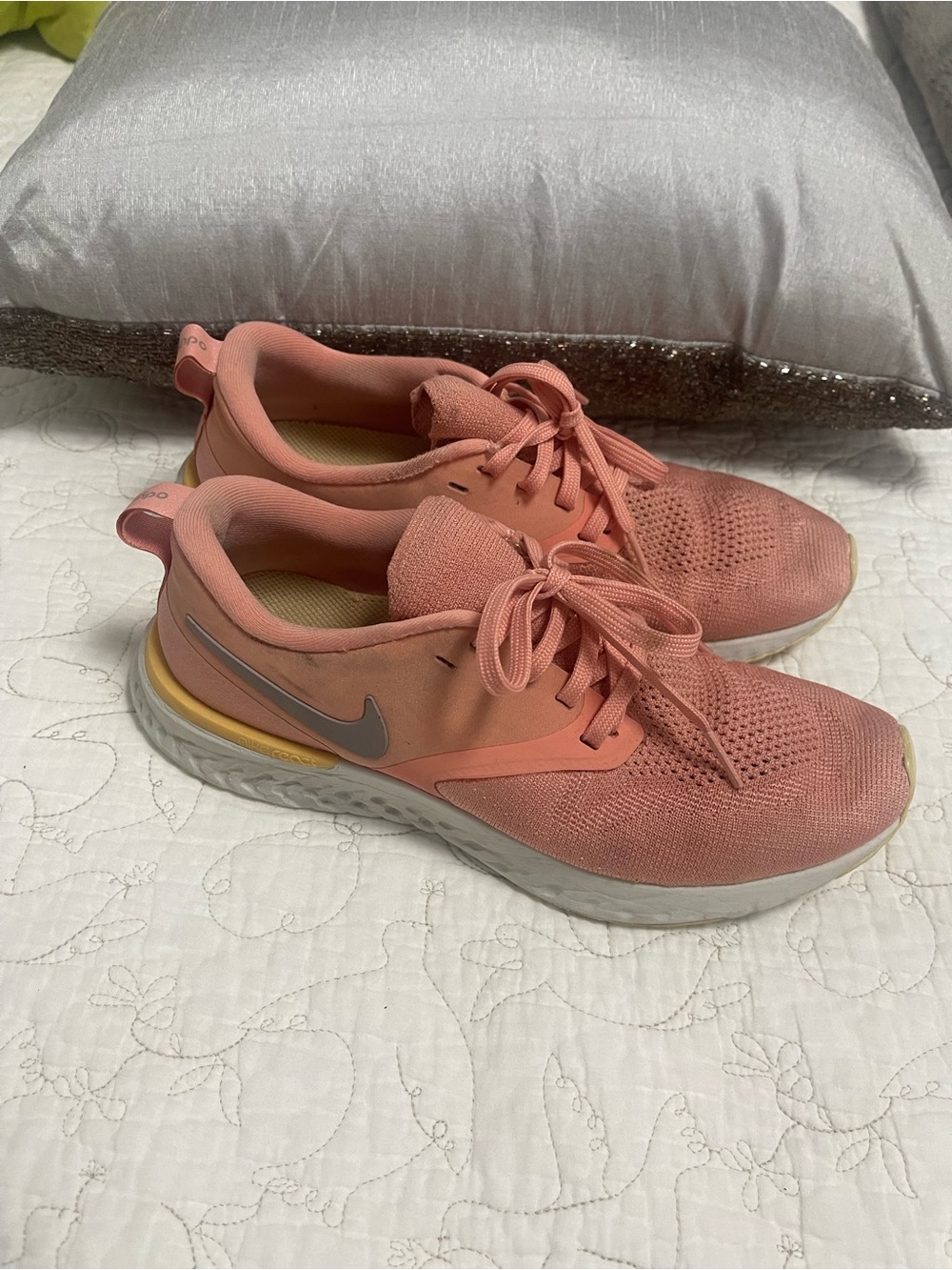 Nike Women’s Pink Coral Knit Running Shoes with Silver Swoosh